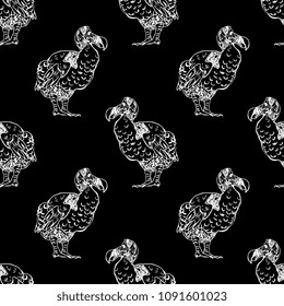 Seamless geometrical pattern with silhouettes of extinct bird dodo or dront. (Raphus cucullatus). Vintage engraving style. White silhouettes on black background.