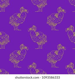 Seamless geometrical pattern with silhouettes of extinct bird dodo or dront. (Raphus cucullatus). Vintage style. Golden silhouettes on purple background.