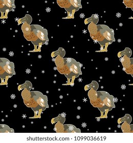 Seamless geometrical pattern with silhouettes of extinct bird Dodo or Dront. (Raphus cucullatus) and snowflakes. Flat cartoon style. On black background.