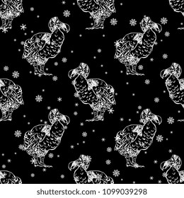 Seamless geometrical pattern with silhouettes of extinct bird dodo or dront. (Raphus cucullatus) and snowflakes. Vintage engraving style. White silhouettes on black background.