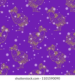 Seamless geometrical pattern with silhouettes of extinct bird dodo or dront. (Raphus cucullatus) and snowflakes. Vintage style. 