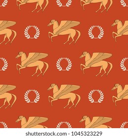 Seamless geometrical pattern with silhouettes of fantastic winged horse Pegasus and laurel wreaths. Ancient Greek mythology. Cartoon style.