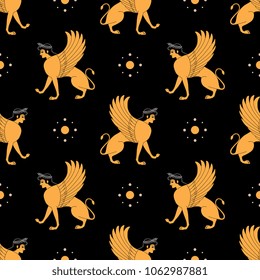 Seamless geometrical pattern with silhouettes of fantastic winged female Sphynx. Ancient Greek mythology. Ethnic style.