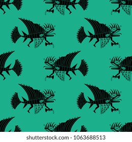 Seamless geometrical pattern with silhouettes of fantastic monster fish. Based on ancient Peruvian Moche art. Mochica culture of Indians of Peru. Ethnic style.