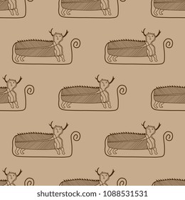 Seamless geometrical pattern with silhouettes of fantastic animal. Ethnic style. Based on ancient folk motif of Native American Indians.