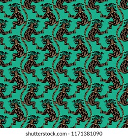 Seamless geometrical pattern with silhouettes of fantastic feline creatures. Based on ancient Peruvian tribal motif of Mochica or Moche Indians.