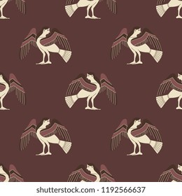 Seamless geometrical pattern with silhouettes of fantastic female birds and abstract crosses. Sirens. Based on ancient Greek vase painting motif.