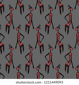 Seamless geometrical pattern with silhouettes of fantastic tribal girls. Based on hand drawn sketch.