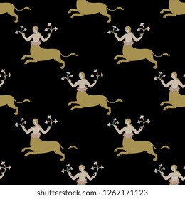 Seamless geometrical pattern with silhouettes of fantastic female feline centaurs. Medieval illuminated manuscript motif.