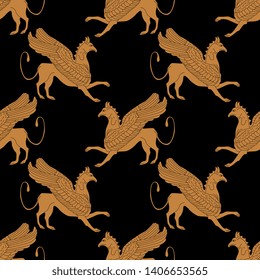 Seamless geometrical pattern with silhouettes of fantastic winged Griffins. Ancient Greek vase painting motif.