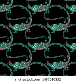 Seamless geometrical pattern with silhouettes of fantastic medieval dragons. Illuminated manuscript motif.
