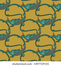 Seamless geometrical pattern with silhouettes of fantastic medieval dragons. Illuminated manuscript motif.