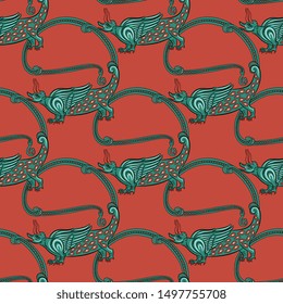 
Seamless geometrical pattern with silhouettes of fantastic medieval dragons. Illuminated manuscript motif.