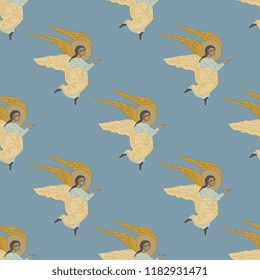 Seamless geometrical pattern with silhouettes of flying angels. Based on ancient Christian Orthodox icon motif. 