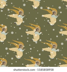 Seamless geometrical pattern with silhouettes of flying angels and snowflakes. Based on ancient Christian Orthodox icon motif. 