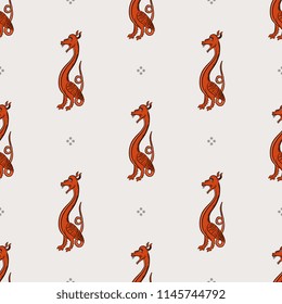 Seamless geometrical pattern with silhouettes of funny winged standing dragons. Based on medieval motif.