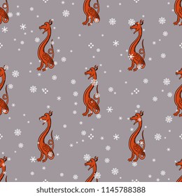 
Seamless geometrical pattern with silhouettes of funny medieval dragons under snowflakes.