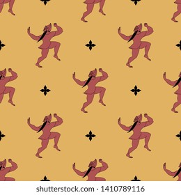Seamless geometrical pattern with silhouettes of funny Etruscan male characters. Cartoon style.