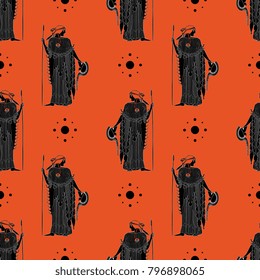Seamless geometrical pattern with silhouettes of goddess Athena and abstract polka dots.