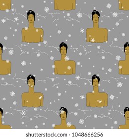 Seamless geometrical pattern with silhouettes of a gold lady frozen in ice or water under snow. Female archetype. Goddess Gaia. Nature in winter. Hand drawn original style art.
