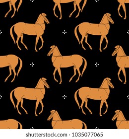 Seamless geometrical pattern with silhouettes of horses and abstract polka dots. Based on ancient Greek vase motif.