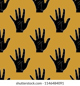 Seamless geometrical pattern with silhouettes of human palms with open fingers.