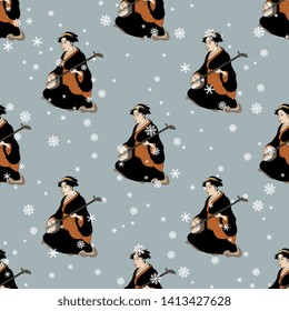 Seamless geometrical pattern with silhouettes of Japanese woman or geisha in kimono playing the shamisen under snowflakes. Traditional style.