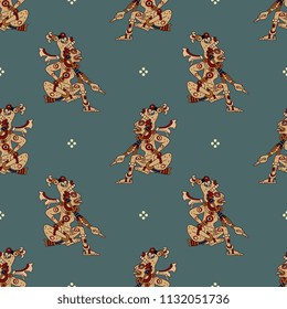 Seamless geometrical pattern with silhouettes of Mayan goddess and abstract polka dots. Based on ancient ethnic motif of Mexican Maya Indians.