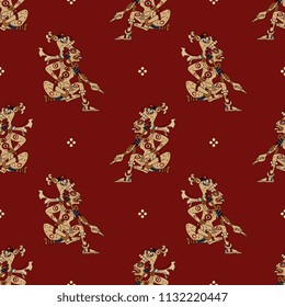 Seamless geometrical pattern with silhouettes of Mayan goddess and abstract polka dots. Based on ancient ethnic motif of Mexican Maya Indians.