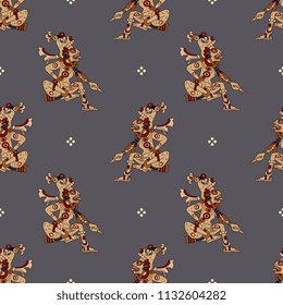 Seamless geometrical pattern with silhouettes of Mayan goddess and abstract polka dots. Based on ancient ethnic motif of Mexican Maya Indians.