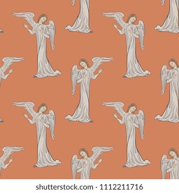 Seamless geometrical pattern with silhouettes of medieval Gothic angels.