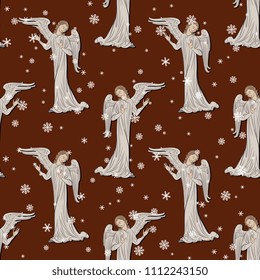 Seamless geometrical pattern with silhouettes of medieval Gothic angels and snowflakes.