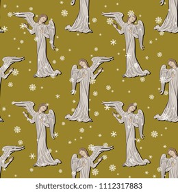 Seamless geometrical pattern with silhouettes of medieval Gothic angels and snowflakes.