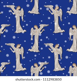 Seamless geometrical pattern with silhouettes of medieval Gothic angels and snowflakes.