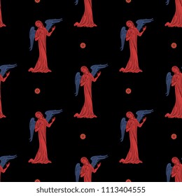 Seamless geometrical pattern with silhouettes of medieval Gothic angels and floral polka dots.