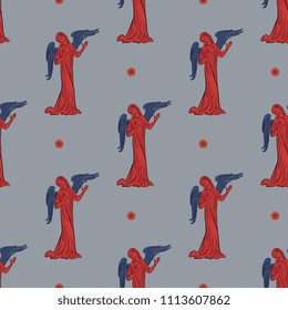 Seamless geometrical pattern with silhouettes of medieval Gothic angels and floral polka dots.