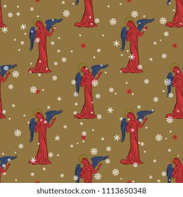 Seamless geometrical pattern with silhouettes of medieval Gothic angels and snowflakes.