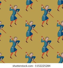 Seamless geometrical pattern with silhouettes of medieval man with sword. Based on ancient Gothic motif.