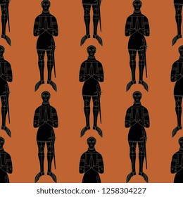 Seamless geometrical pattern with silhouettes of medieval knight in armor.