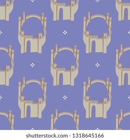 Seamless geometrical pattern with silhouettes of medieval castle or city wall.