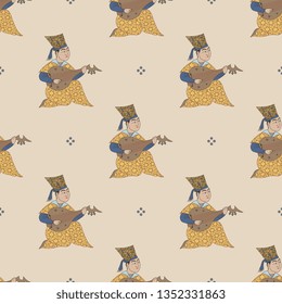 Seamless geometrical pattern with silhouettes of medieval Muslim musician playing the lute. Vintage Arab motif.
