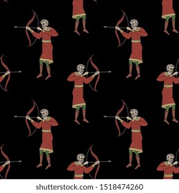 Seamless geometrical pattern with silhouettes of medieval archers. Warrior with bow and arrow. Folk style.