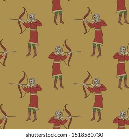 Seamless geometrical pattern with silhouettes of medieval archers. Warrior with bow and arrow. Folk style.