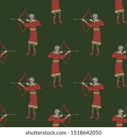 Seamless geometrical pattern with silhouettes of medieval archers. Warrior with bow and arrow. Folk style.