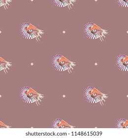 Seamless geometrical pattern with silhouettes of ocean mollusk Nautilus Pompilius and abstract polka dots. Cartoon style.