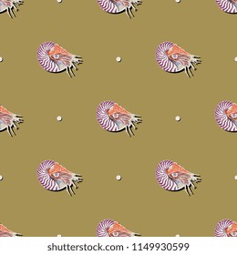 Seamless geometrical pattern with silhouettes of ocean mollusk Nautilus Pompilius and abstract polka dots. Cartoon style.