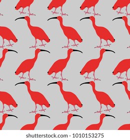Seamless geometrical pattern with silhouettes of red ibis.