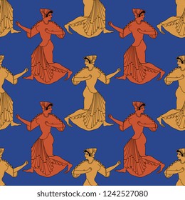 Seamless geometrical pattern with silhouettes of running ancient Greek women or goddesses. Flat cartoon style.