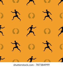 Seamless geometrical pattern with silhouettes of running old Greek athletes and laurel wreaths.
