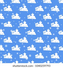 Seamless geometrical pattern with silhouettes of Russian orthodox temple and snowflakes.